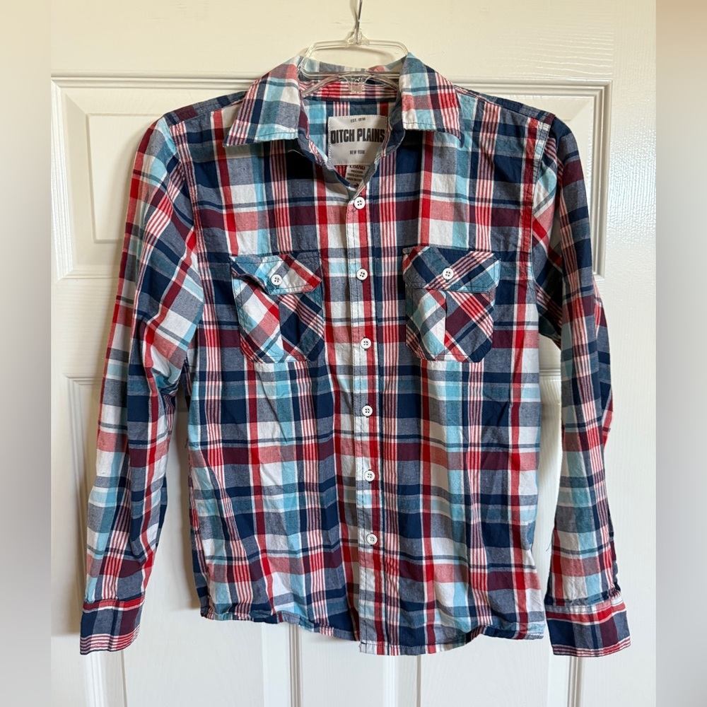 DITCH PLAINS Boys Red and Blue Plaid Shirt 14/16 Button Up Long Sleeve Cotton